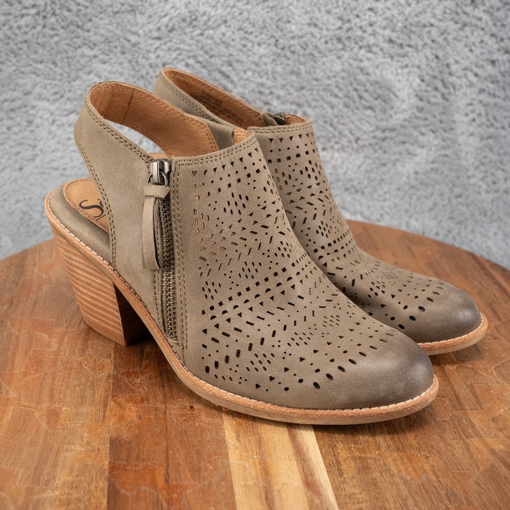 Sofft Tensley Leather Slingback Womens Sz 6 Olive Green Laser Cut Heeled Booties